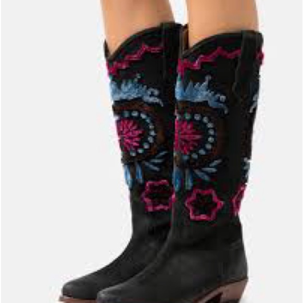 Free People Roundhouse Stitch Embroidered Leather Boots Black EU38.5